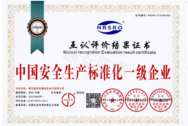 中國(guó)安全生產(chǎn)標(biāo)準(zhǔn)化一級(jí)企業(yè)